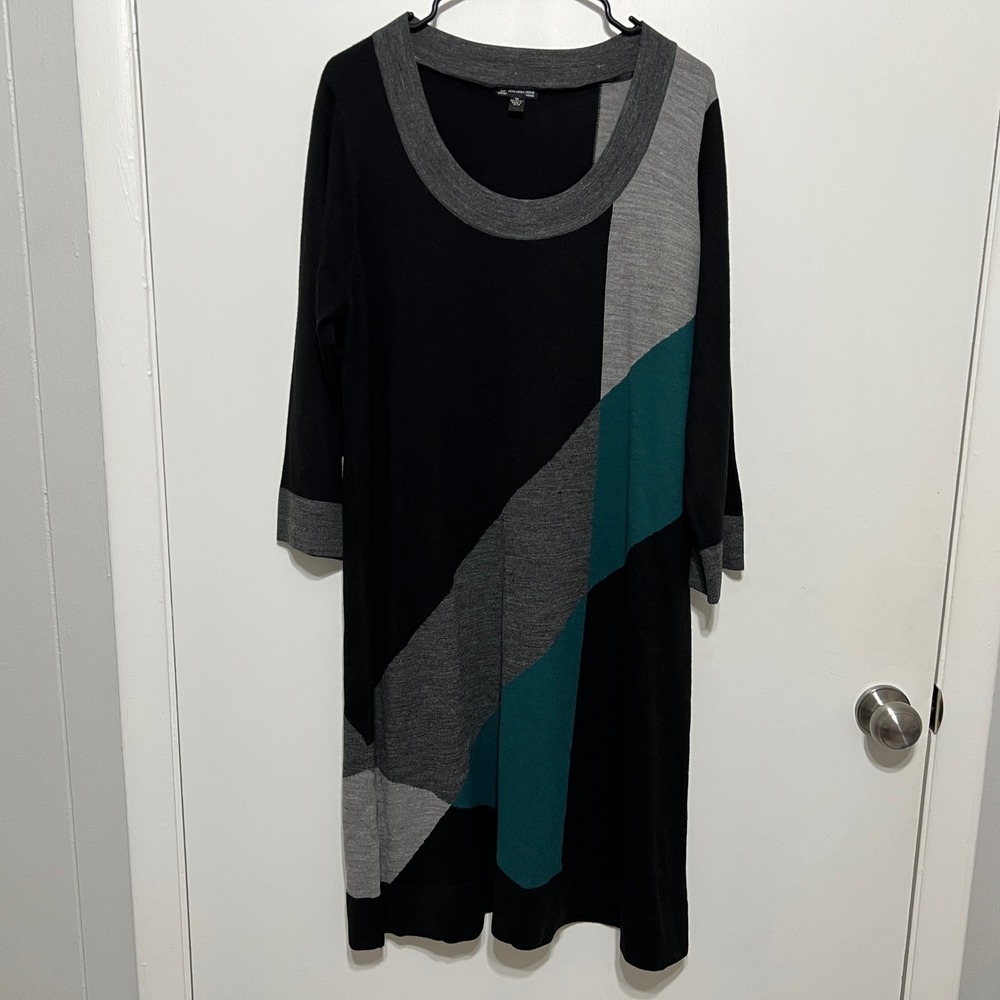 New Directions Woman 1X Sweater Dress Black Gray‎ Teal Colorblock Geometric MCM